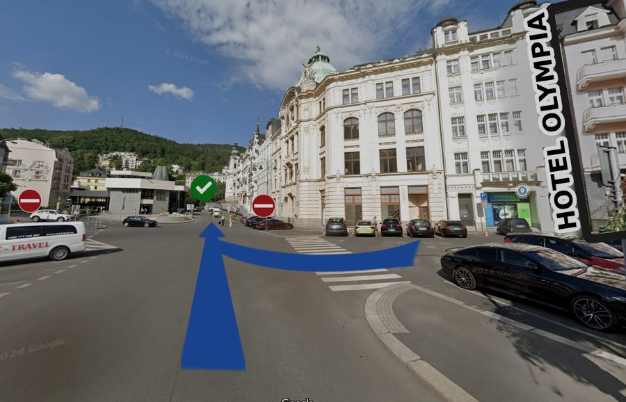 Entrance to pedestrian zone at Hotel Olympia crossroads